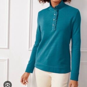 Talbots Women's Ruffle Placket Sweatshirt Mockneck Cotton Pullover Large Teal
